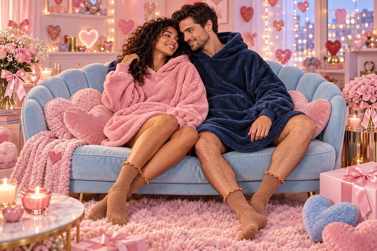 Blushmallow His & Hers styled campaign — pink and navy hoodies with two pairs of toffee socks