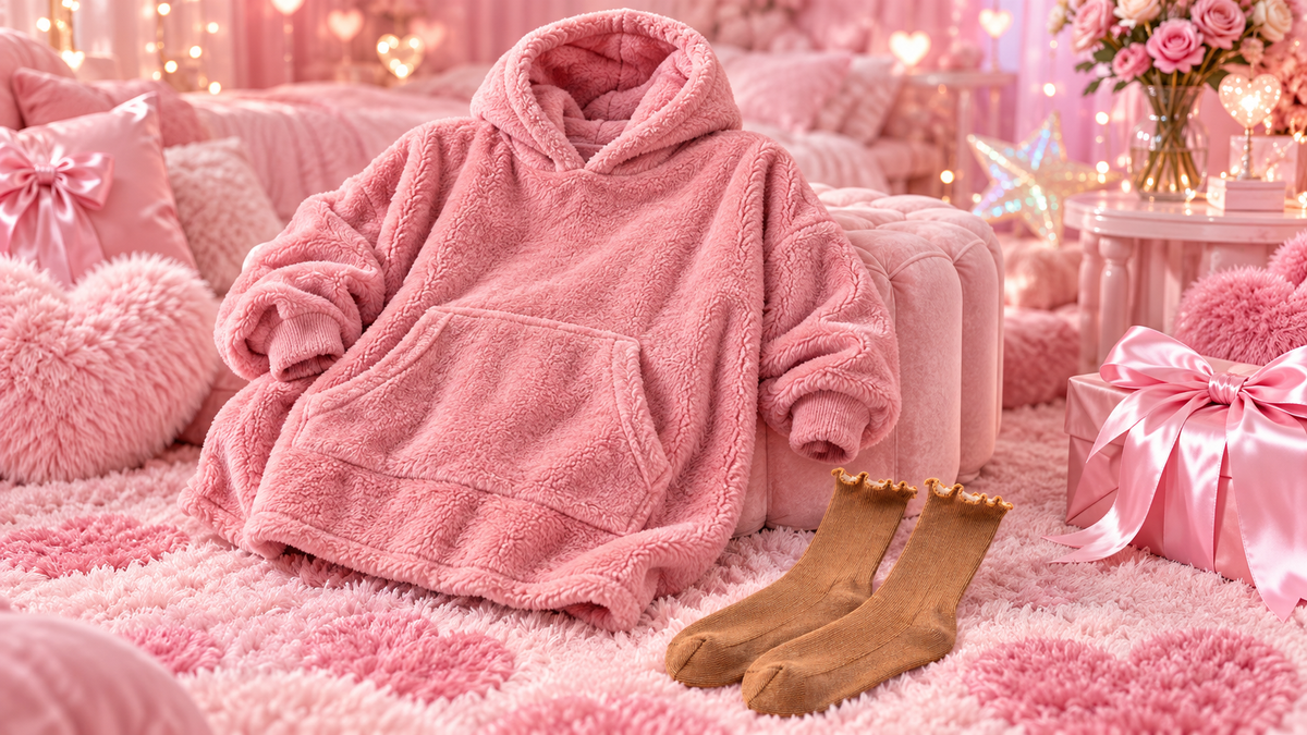 Blushmallow styled campaign — one pink hoodie and one complimentary pair of toffee socks