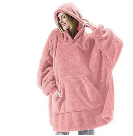 Pink blanket hoodie with hood, cuffed sleeves and front pocket — supplier photograph